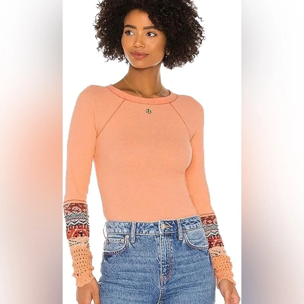 Free People in The Mix Cuff Thermal Top Desert Orange Combo Size Small